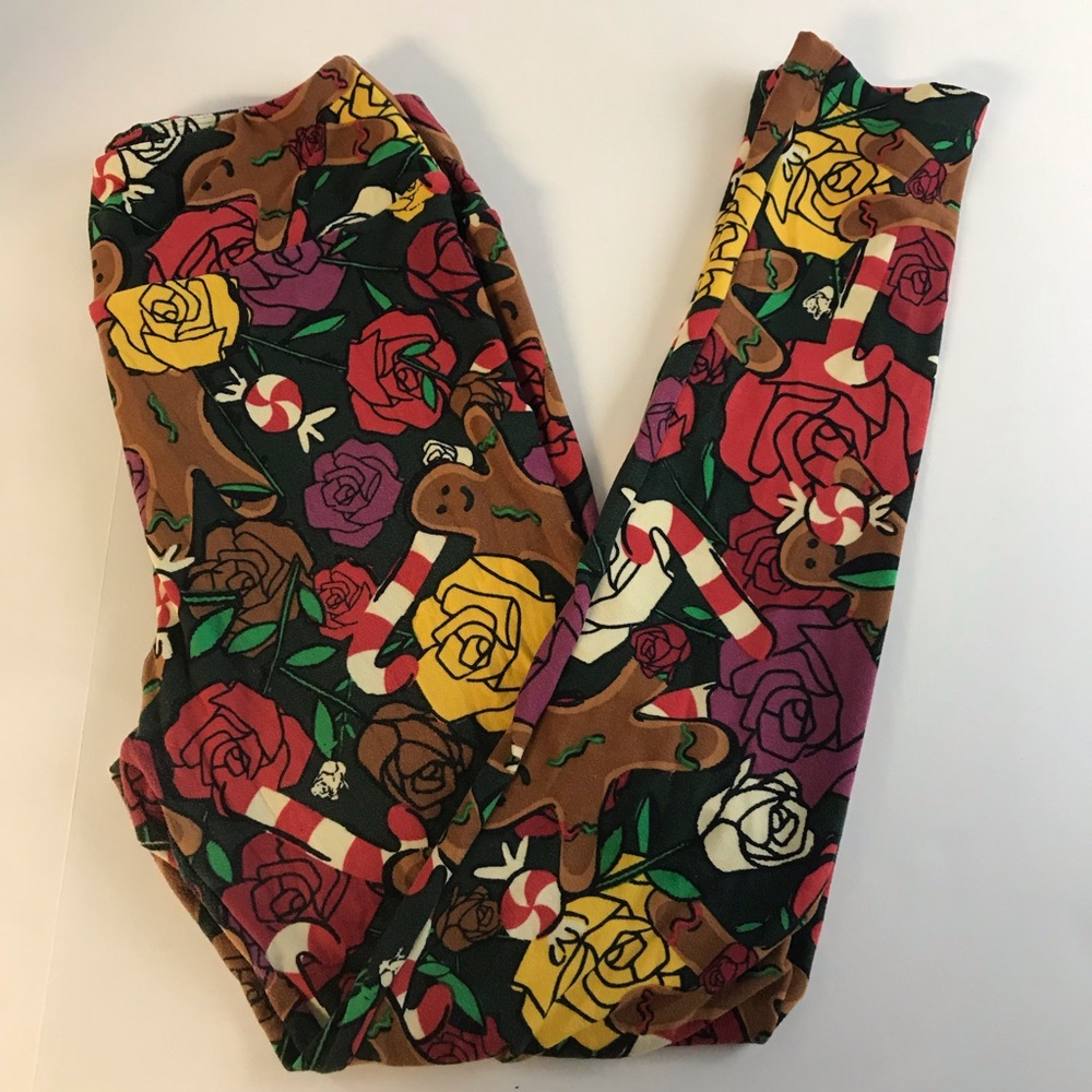 LuLaRoe Gingerbread Rose Leggings Size OS EUC